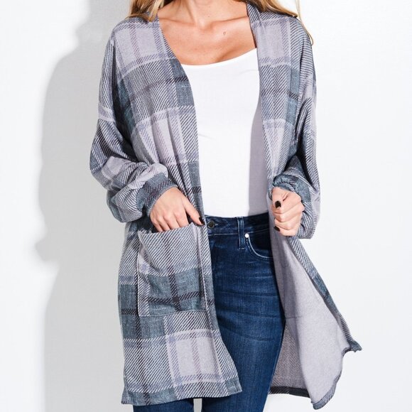 Cabincore Western Boho Rustic Green Plaid Loose fit Long Cuff Sleeve Shacket - Picture 6 of 11